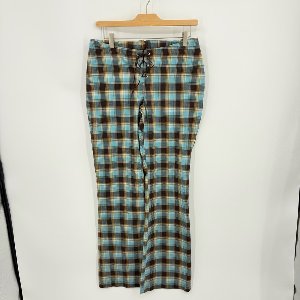 Vintage Rue 21 options stretch blue brown Plaid Flared Pants size 10 made in USA